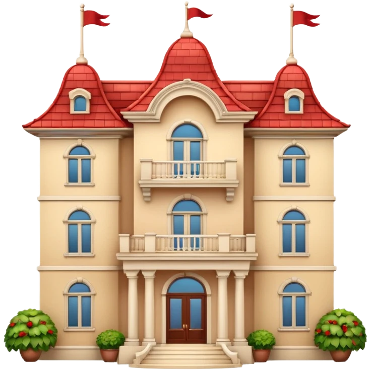 Apple-style 3D emoji of a large traditional mansion, with multiple windows, a big entrance door, red tiled roof, cream-colored walls, decorative balcony details, cartoonish but elegant design, no background. emoji