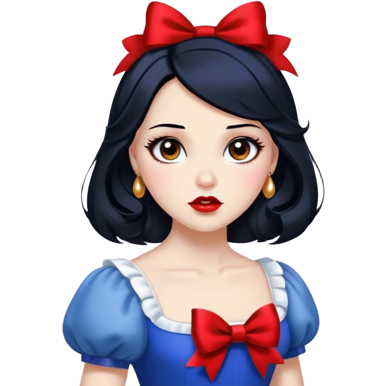 Cinematic Elegant Snow White Portrait Emoji, rendered in a realistic, vector-style with minimal shading and bold, simplified shapes. Depict Snow White (chest and above) with flawless porcelain skin, expressive deep brown eyes, and lustrous raven hair neatly styled with a red bow, wearing her classic blue and gold dress. The image glows with a soft, pure radiance and high shine, capturing timeless beauty and gentle grace. emoji