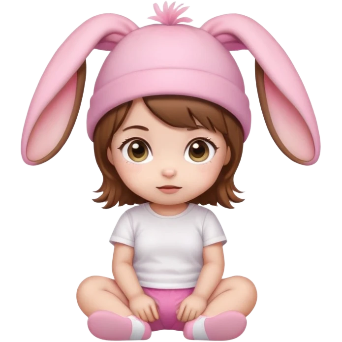 Kawaii baby girl emoji, sitting, brown hair, big eyes, pink bunny ear hat, white t-shirt, pink shorts emoji