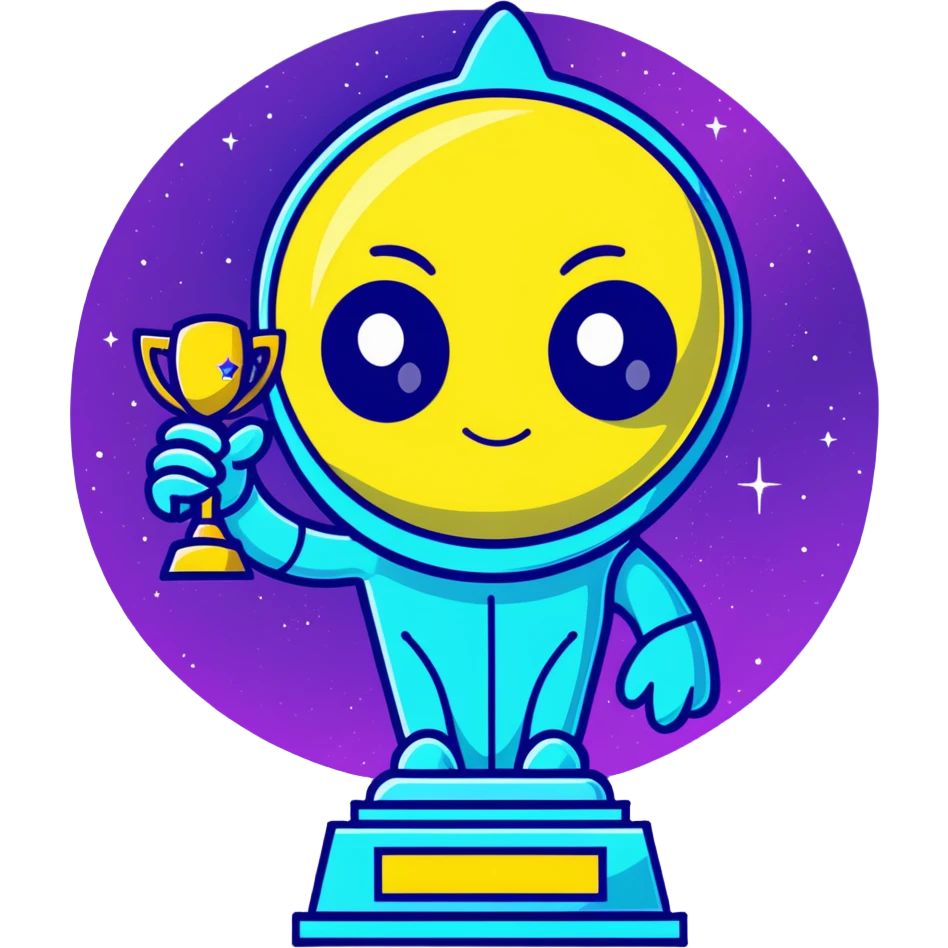 Alien award trophy with aurora-like cosmic colors, deep space purples and blues, gleaming with stardust emoji