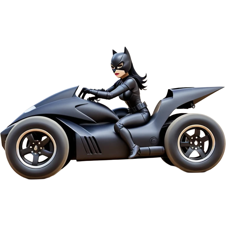 Rc toy with aerodynamic sexy fenders on Catwoman’s buxom attractive armored midnight-colored tight outfit from tv series style dark knight movie stealthy accurate sporty safe deluxe off-road fast pursuit prototype concept car (black hair, sitting back but driving aggressively) secret rally car emoji