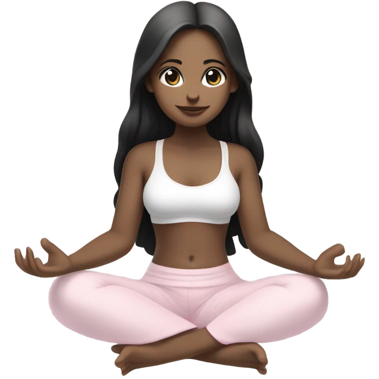 Girl with black long hair and white skin and brown eyes, meditates in a relaxed lotus position in a comfortable monochrome white bra top and monochrome pink short skirt emoji