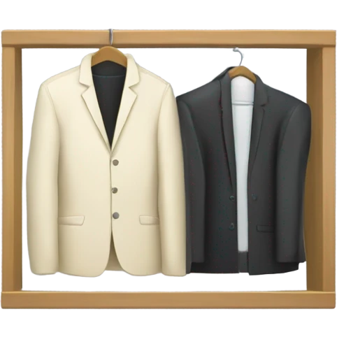 Design an emoji-style icon of an open wardrobe with clothes hanging inside. Include details like a wooden frame, hangers, and only black or white different clothing items such as shirts or any other clothing . Use a clean and minimalistic design. emoji