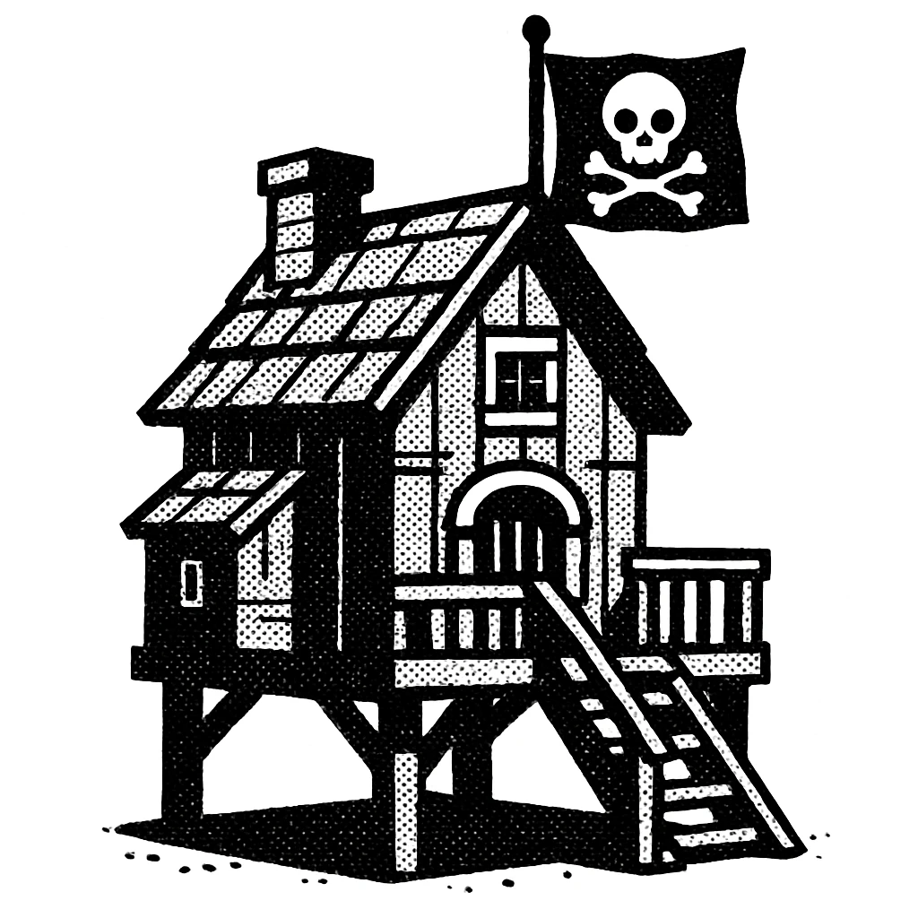old pirate's house with skull flag emoji
