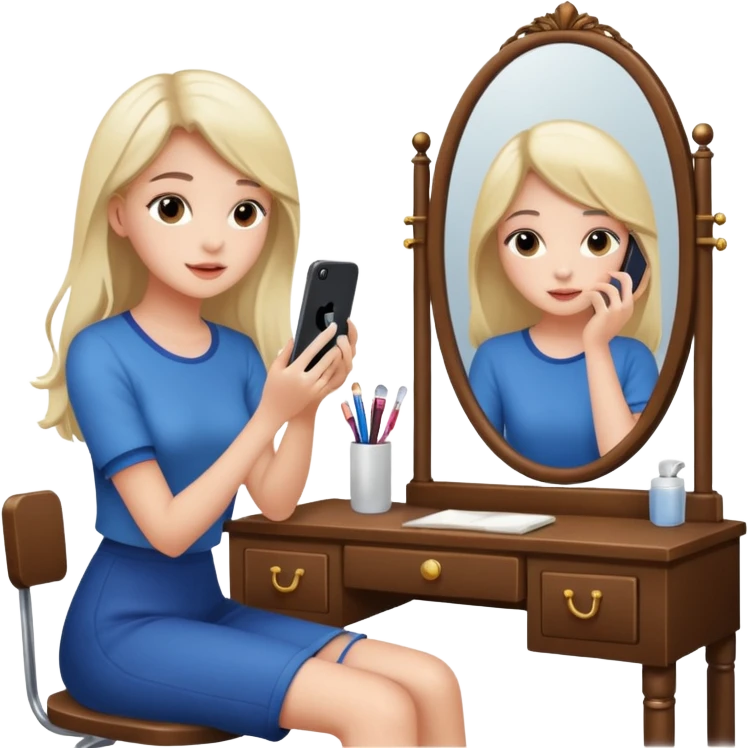 Girl sitting at vanity taking out picture with iphone 15 plus and study materials on the vanity emoji