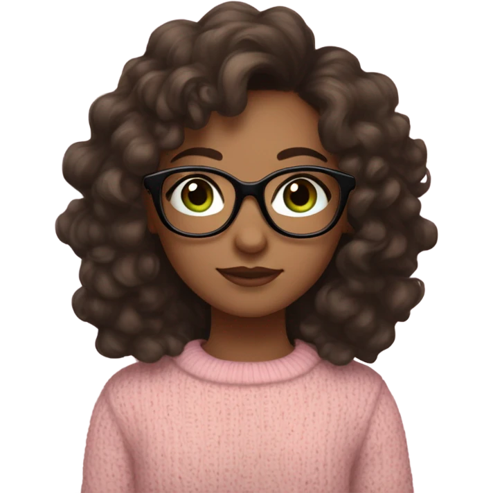 Girl with long curly brown hair, long eyelashes and brown eyes with a bit of green, big square black glasses with a pastel pink sweater emoji