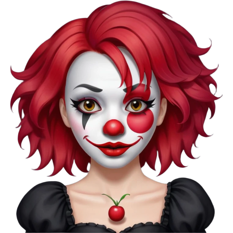 emoji of red hair like cherry hair girl in the black dress hold in hand a clown red nose, her face painted as clown mask, her eyes are gray  emoji