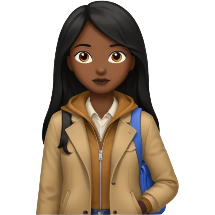 walk black long hair girl at university without backpack with brown jacket emoji
