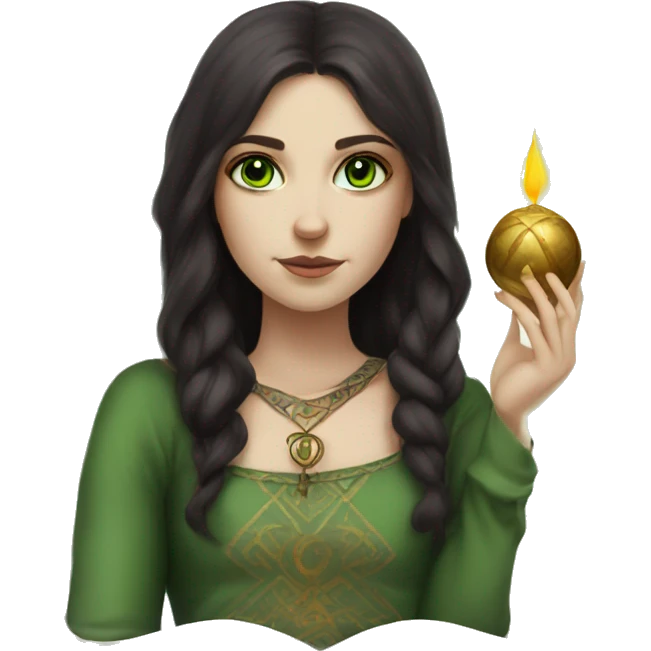 Slavic girl with dark burgundy hair green eyes with tarot emoji