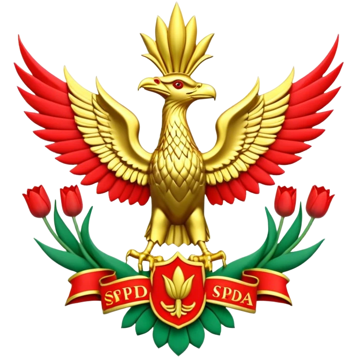 Sebuah logo 3D dengan tulisan nama SPD, bagian tengah lingkaran terdapat lambang burung garuda lengkap padi dan kapas, warna emas perak mengkilap dan bercahaya, latar belakang merah putih dan terang, tulisan profesional, berkualitas tinggi, timbul dan fituristik, HD 16K emoji