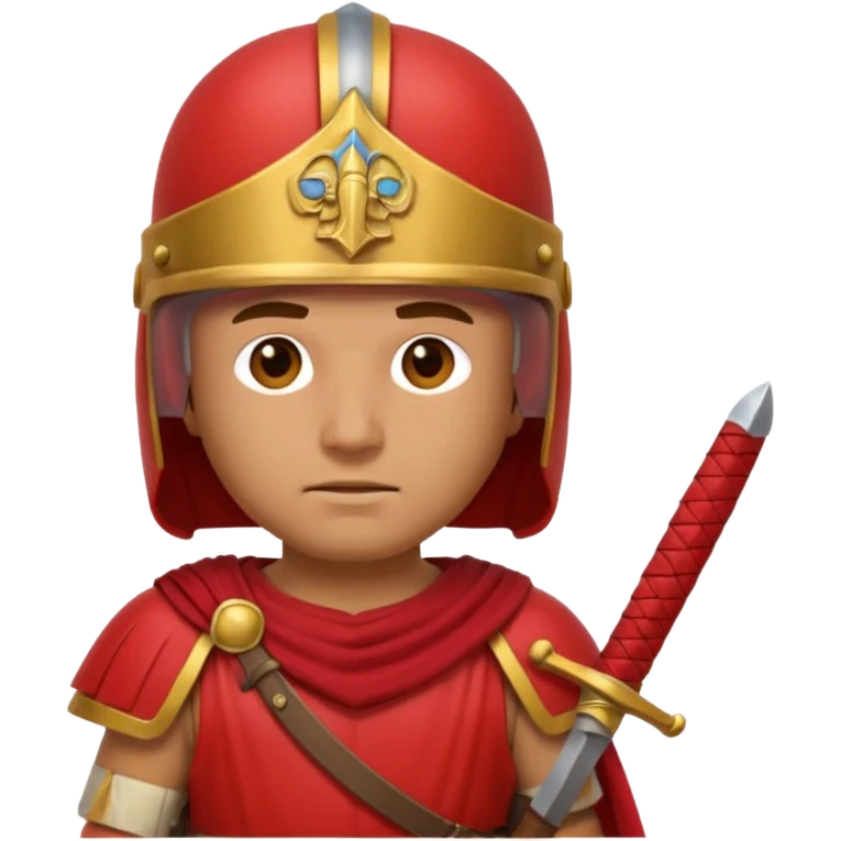 An emoji portrait of a Roman legionary soldier. He wears a helmet and a red tunic. His expression is stern and focused. He holds a short sword. emoji