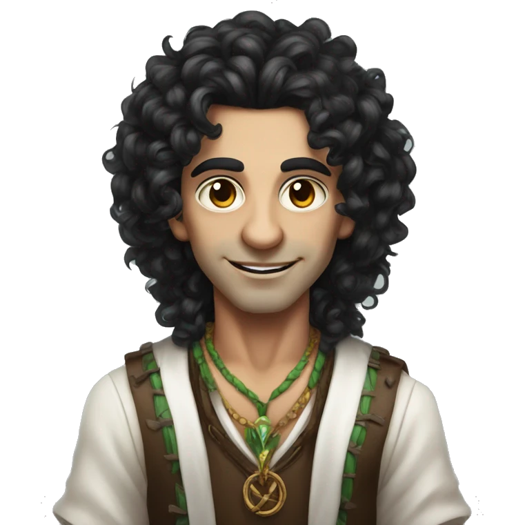 a modern witchdoctor male elf long black curly hair, emoji