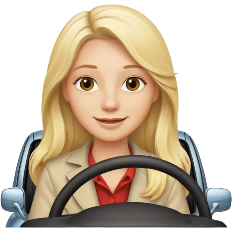 blonde long hair woman driving car. Happy face confidence emoji