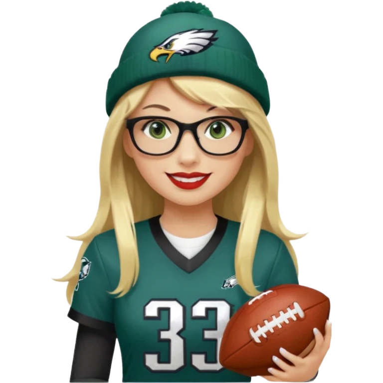 full length women wearing eagles uniform, long blonde hair, styled bangs, green eyes, black glasses, holding football, number 33, smiling, lipstick, eagles beanie emoji
