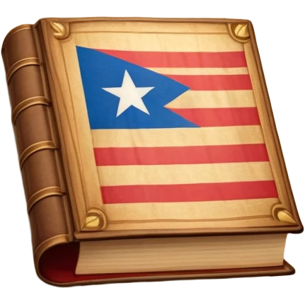 Ancient book with Puerto Rican flag on leather cover, theater curtain symbol carved in wood, warm vintage parchment textures, soft golden glow representing timelessness and theatrical heritage emoji