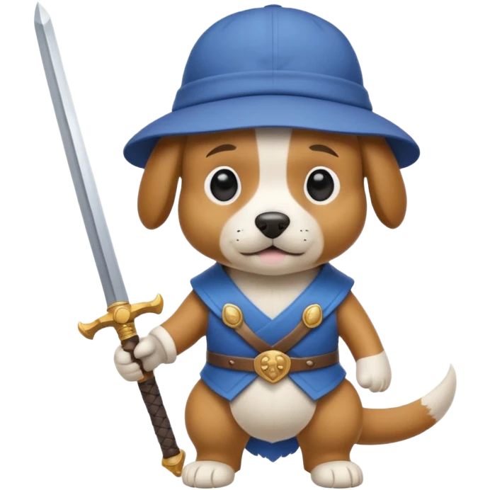 dog wearing a backwards hat and holding an epic sword emoji