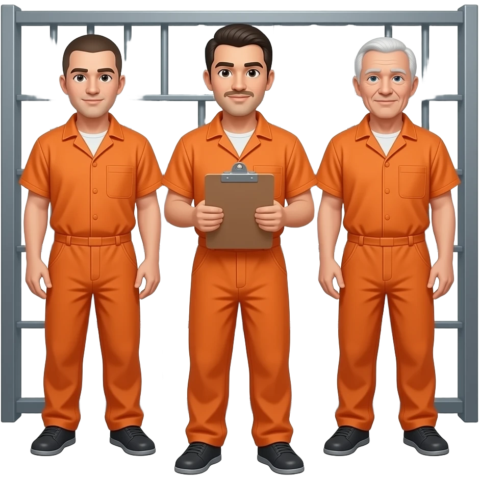 three guys in prison (orange) ages 35, 50, 65. Clean Shaven (NO Beard). youngest in middle with clipboard emoji