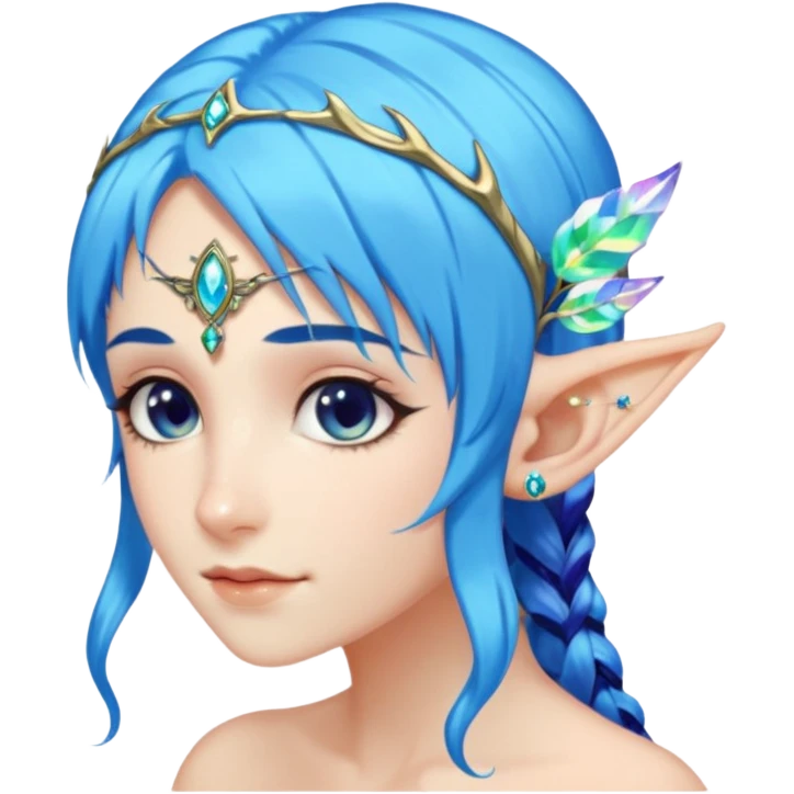 portrait of blue haired Elvish fae shiny sparkly iridescent translucent diaphanous ear climber ear cuff emoji