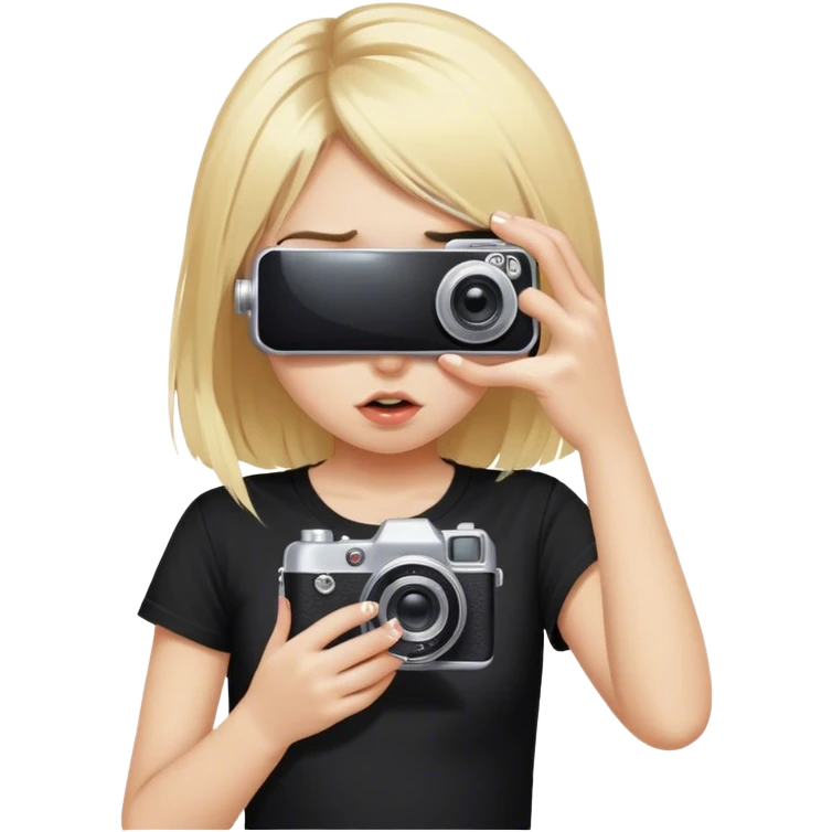 A blonde girl in a black tahirt taking pics on a baby punk camera that is cover her eyes emoji