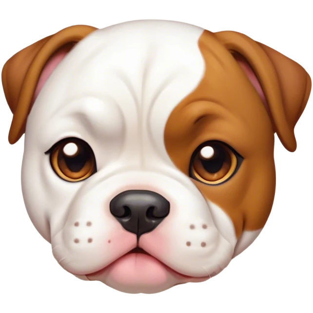 Cinematic Cute White and Brown American Bulldog Portrait Emoji, Head tilted playfully and inquisitively, soft white fur with rich brown patches, round, sparkling brown eyes filled with curiosity, Simplified yet irresistibly adorable features, highly detailed, glowing with a warm, friendly glow, high shine, affectionate and lively, stylized with a touch of whimsy, bright and endearing, soft glowing outline, capturing the essence of a mischievous yet loving pup, so playful it feels like it could bound out of the screen and into your arms! emoji