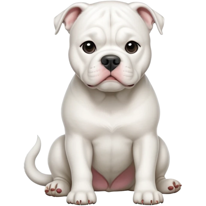 cinematic-[solid white american bulldog]-realistic-full-body-sitting-emoji,-tail-resting-loosely-beside-its-paws,-head-tilted-dramatically,-sleek-[solid white]-fur,-simplified-yet-realistic-focused-features,-highly-detailed,-glowing-with-an-almost-sarcastic-glow emoji