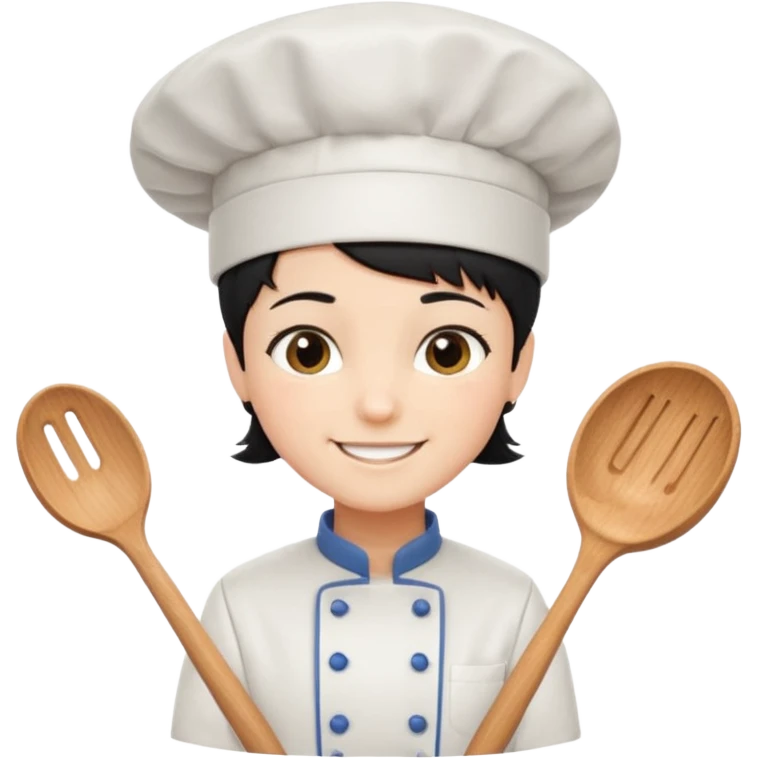 Short black hair, happy, wearing chef uniform and chef hat emoji