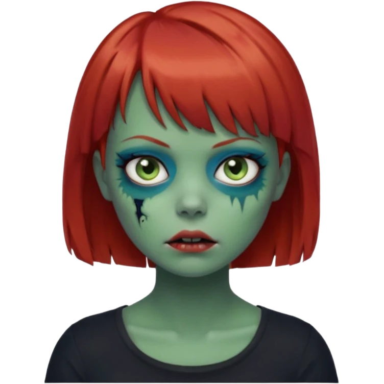 Zombie girl emoji with short red hair and bangs. Blue eyes, green skin, and a black top. emoji
