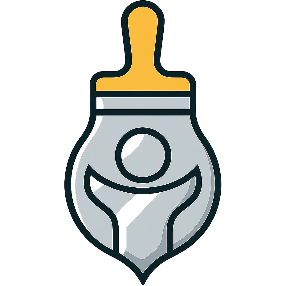 A paintbrush transforming into a silver metallic human figure emblem, artistic identity symbol, with reflective surface emoji