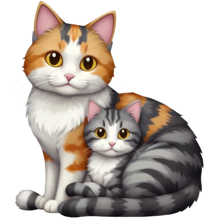 full body colourful light patched calico + white tabby cat cuddling a big dark grey and white tabby cat  emoji