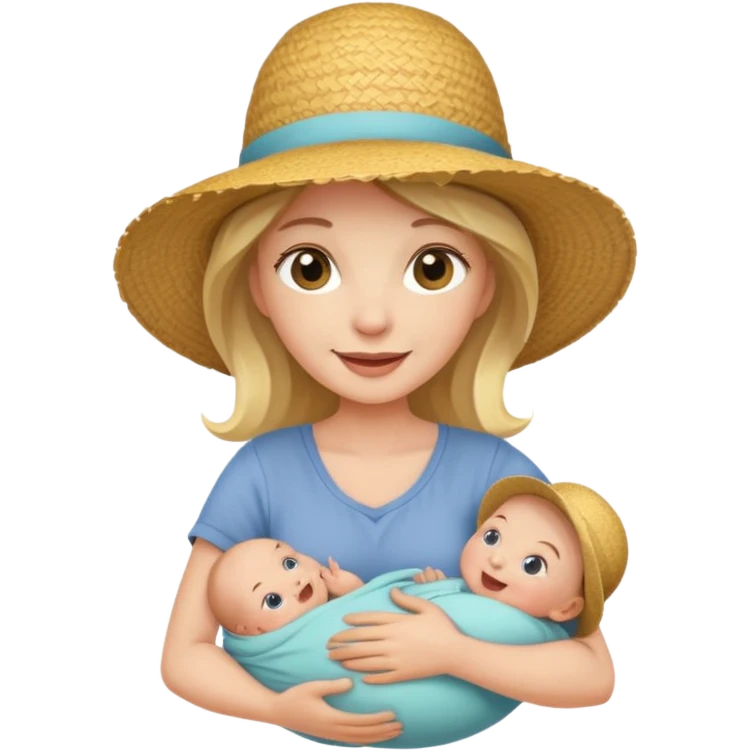 A cheerful mom in a straw hat carrying a baby emoji