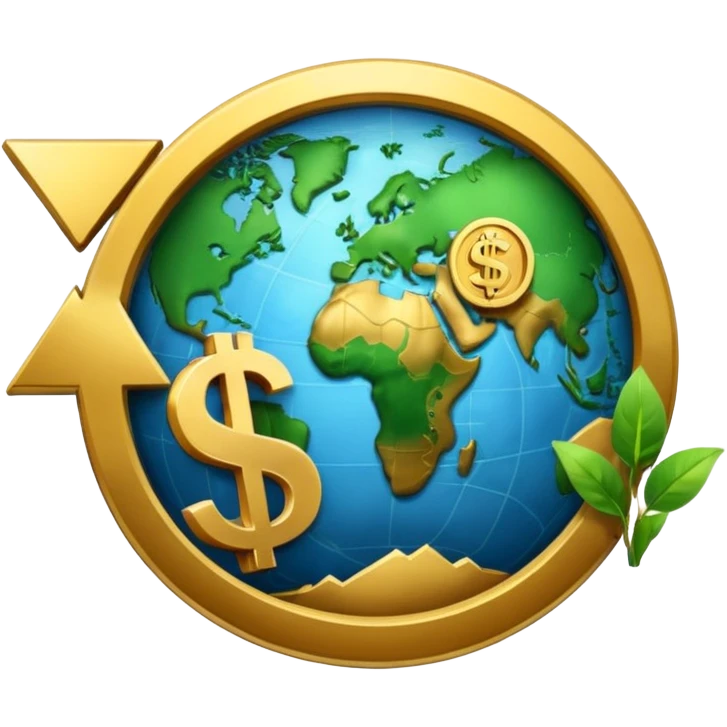 An icon featuring  a dollar sign, and a chart with upward trends, symbolizing economics. The design includes coins, bills, and earth e, representing global trade and financial systems. Transparent background highlights the study of markets, supply, and demand. emoji
