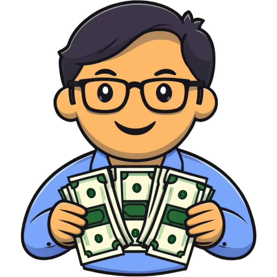 Indian finance bro with glasses, smiling, holding a stack of money, cartoon sticker emoji