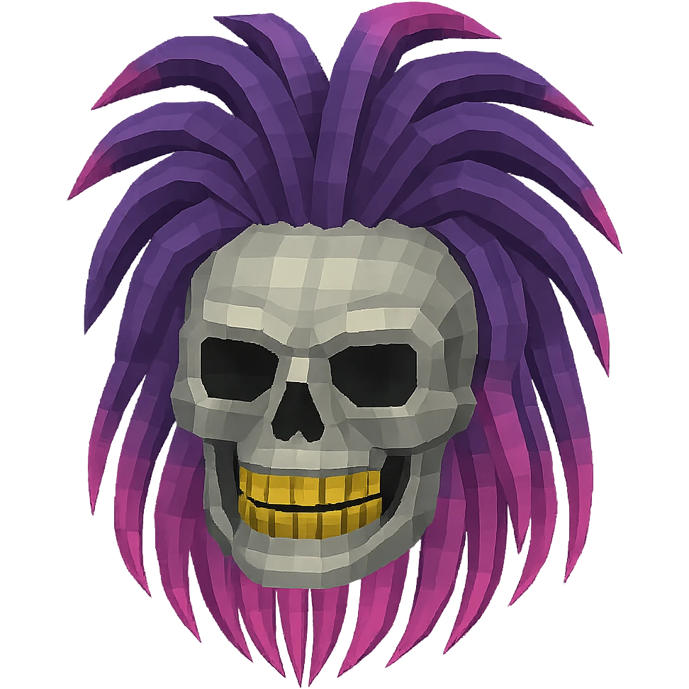 Add gold teeth to the skull and remove the tattoo on the forehead. Keep the original 3D cartoon skull style with purple and pink ombre dreadlocks. No background. emoji