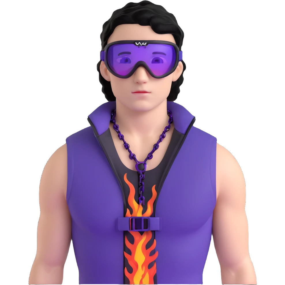 male athlete with white skin and moderately curly black hair on top with shaved sides, wearing ski goggles with purple frames and very dark black lenses, a simple plain black chain necklace, and a completely unzipped sleeveless vest with purple and black sequin fire pattern design with no logo or brand emblem, fully revealing his chest, shoulders and arms, no earrings emoji