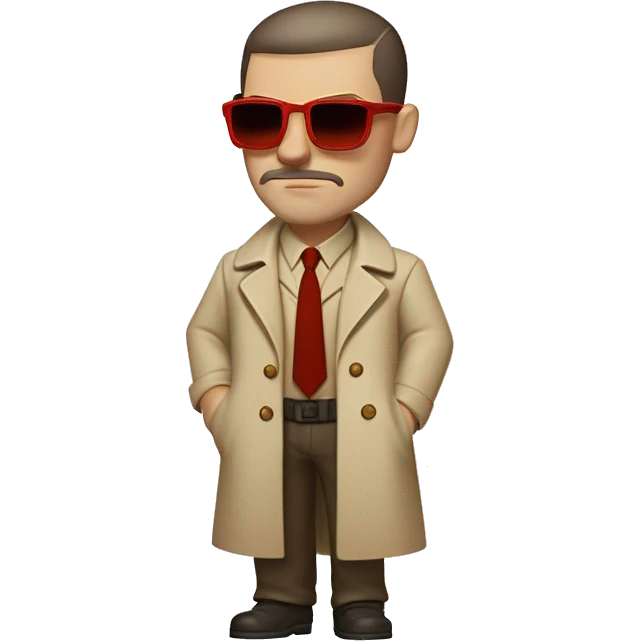 1930s investigator, a Caucasian man with short, buzz cut dark hair and a rough beard, wears tiny red-tinted sunglasses and a dirty beige trench lab coat. He has a serious demeanor. emoji