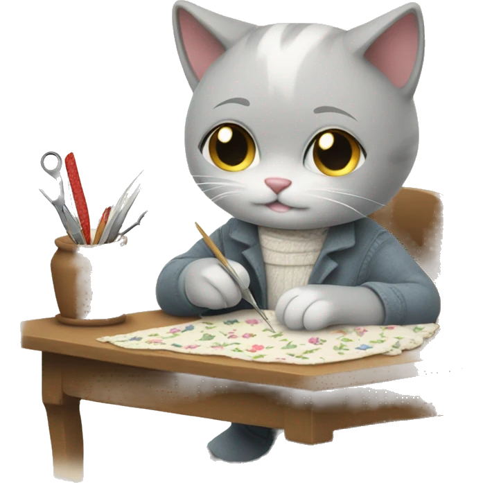 sweet grey white cat doing needlework emoji