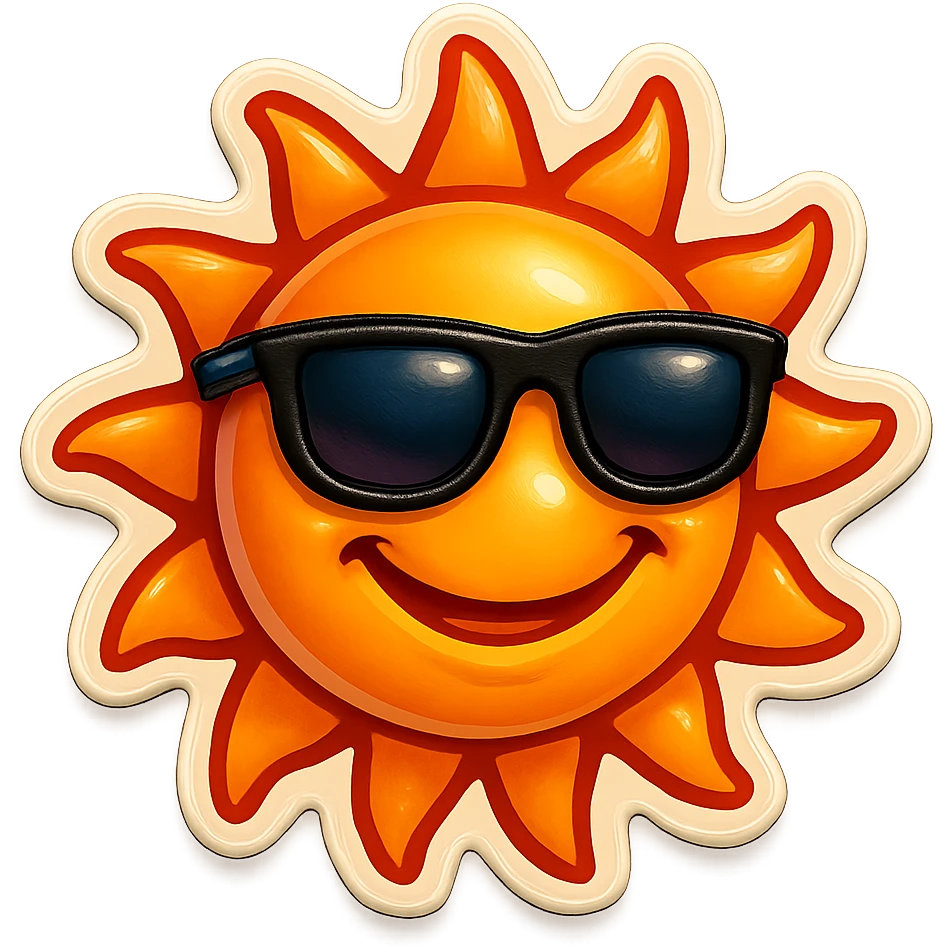 a smiling sun with sunglasses, retro sticker style emoji