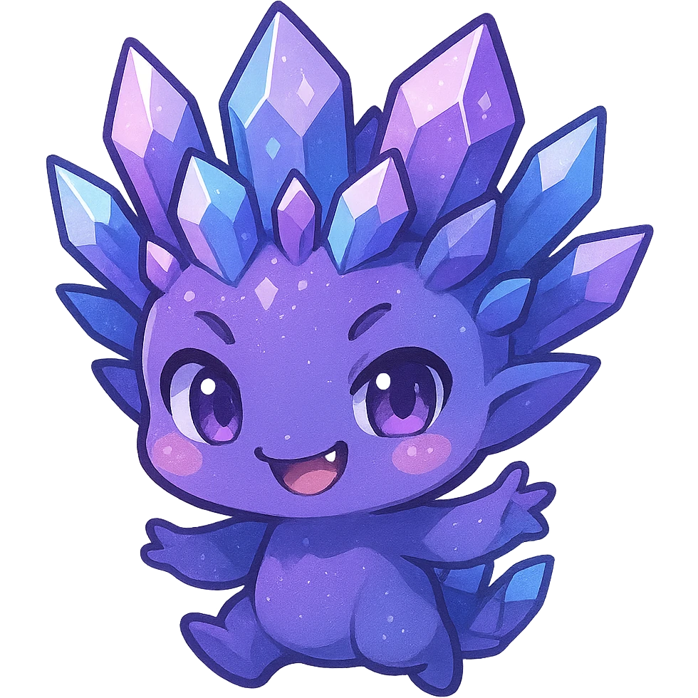 kawaii chibi style crystal sprite creature in purple, blue, and pink with a mischievous expression and playful smile emoji