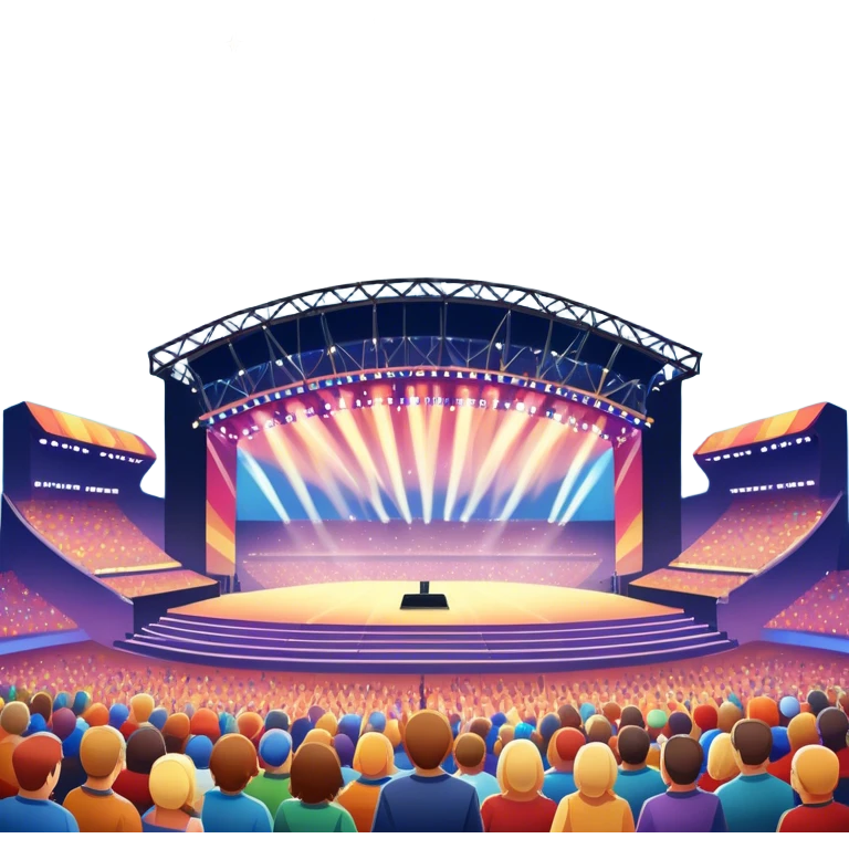An icon showing a stadium stage with a concert in full swing, bright stage lights illuminating the performers, and fireworks bursting in the sky. The excitement of the crowd is palpable, symbolizing a love for live music and unforgettable shows. transparent background. emoji