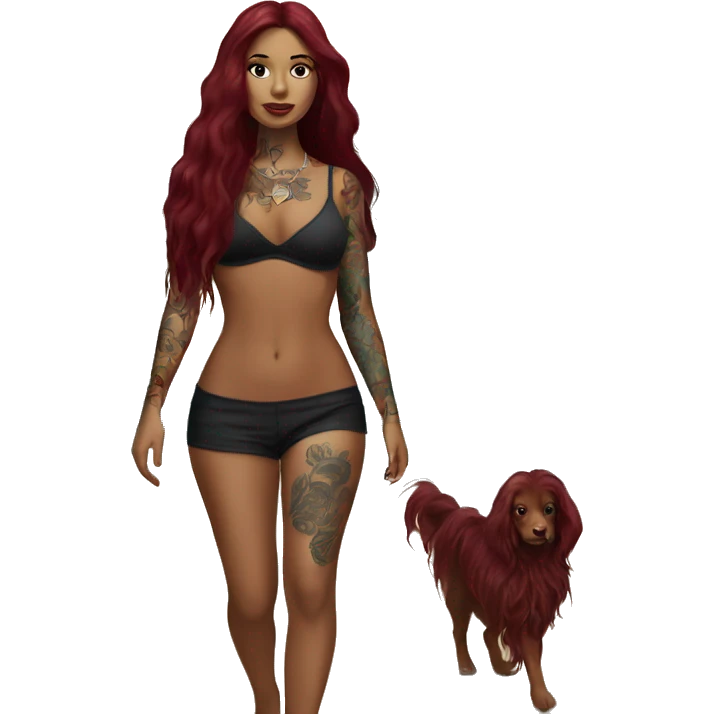 Beautiful tattooed  burgundy long haired woman walking on the beach emoji