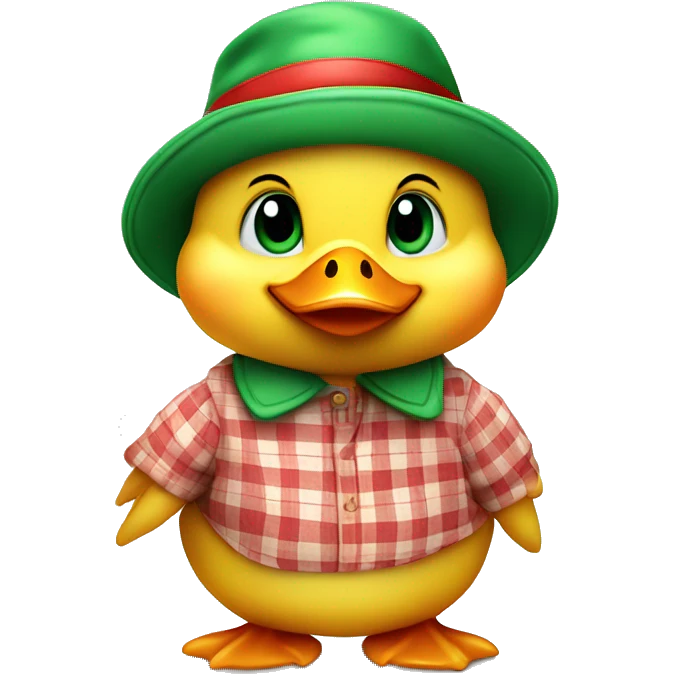 cute fluffy chubby baby duck with hand and wear green hat and red checkered shirt emoji