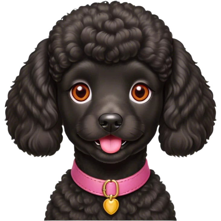 Barboncino nero con il pelo lungo. Occhi castano chiari. Lingua rossa. Con il collare rosa emoji