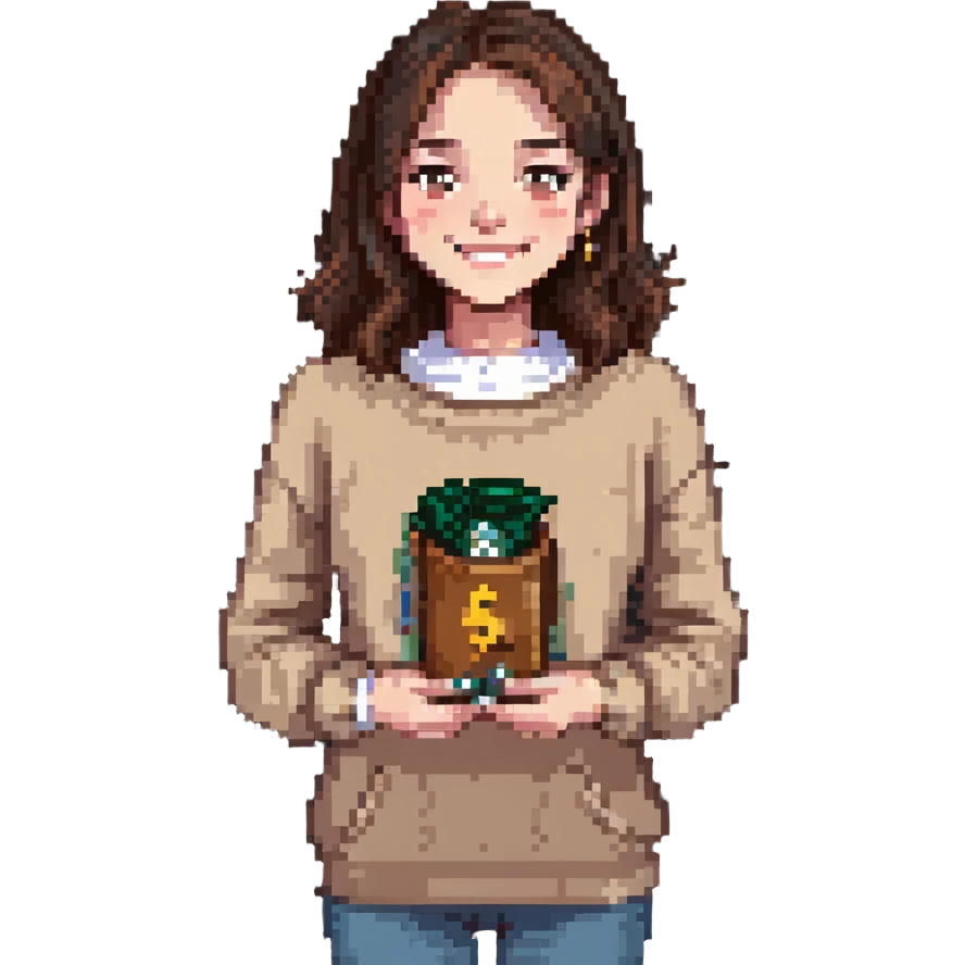 brunette girl in beige sweater happy with money in hands emoji