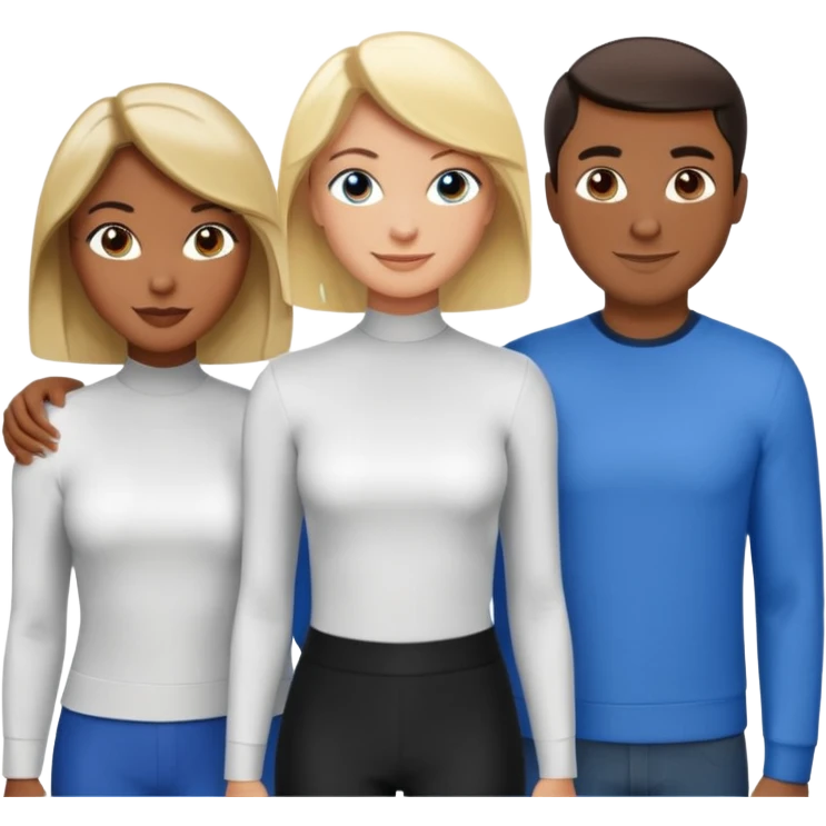 3 Friends standing side by side, charlie's angels style: 1 black woman with a short flat pressed bob, 1 hispanic man with a thin nose and long hair, and 1 white guy with blue eyes and a short brown-blonde haircut emoji