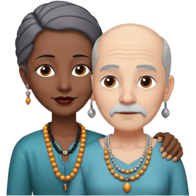 I want an old man with balding and grey beard grey hairs and a woman in her 40s with dark black hair parted in indian woman style wearing a beads chain passionate embrace emoji