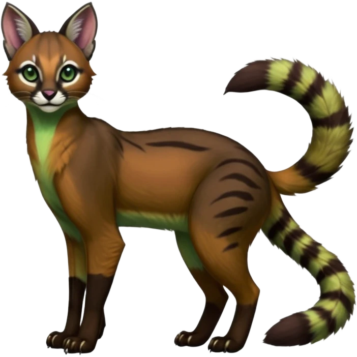 Colorful dark tropical dusky-hunter-green and dark-brownish glorious divine exotic cute cool beautiful shiny beautiful fantasy-caracal-civet-genet-sergal-vernid-Cacomistle-oncilla-animal-Fakémon-hybrid-fursona (full body) emoji