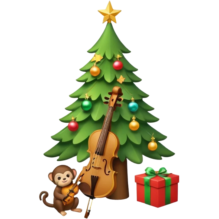 A cute, minimal emoji-style Christmas tree with a bright green triangular shape, decorated with a simple glowing light garland and round colorful baubles, a wooden violin replacing the trunk, and a small playful monkey sitting at the very top carefully placing a golden Christmas star emoji
