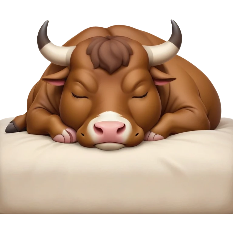 meme-worthy-cute-sleeping-domestic-bull-portrait-emoji,-head-resting-peacefully-with-a-contented-smile,-showcasing-a-robust,-muscular-build-and-a-luxuriously-soft-coat,-eyes-gently-closed-in-serene,-restful-slumber,-simplified,-solid-brown emoji