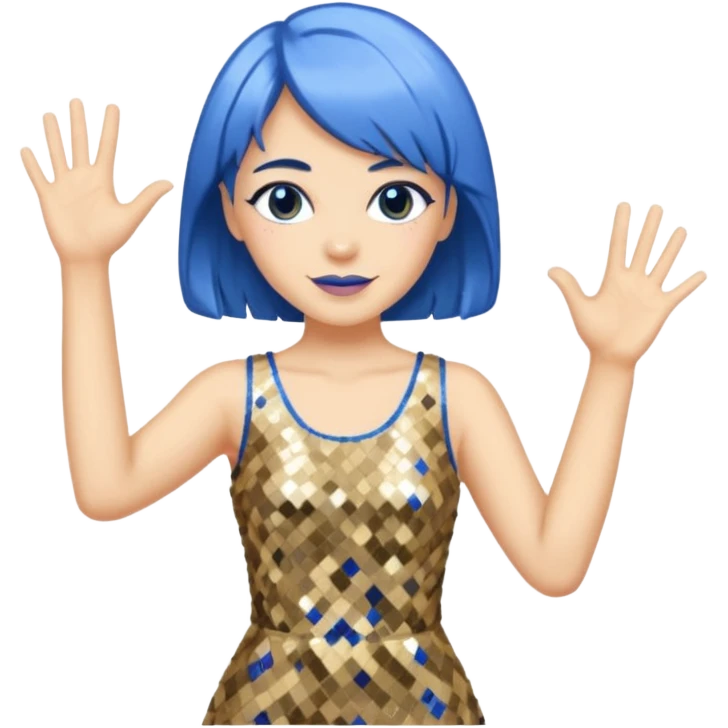 Woman with medium length blue hair doing jazz hands emoji