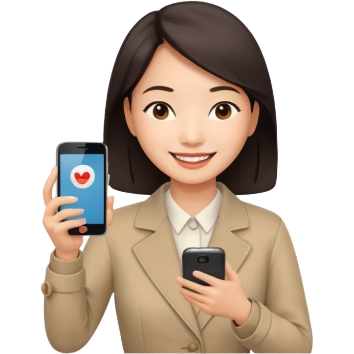 페르소나 요약 : 휴대폰을 보고 즐거워하는 여자, 40대의 아시아 여성이 한손으로 휴대폰을 쥐고, 화면을 보면서 미소를 짓고 있어요. 나머지 한손은 아래에 내리고 있어요 emoji